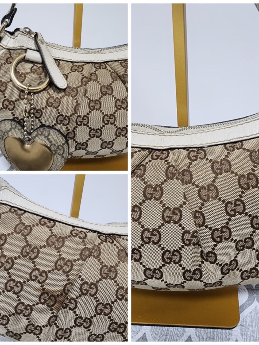 Authentic Gucci Monogram GG Heart Small Shoulder Bag Brown/Beige/Cream - Picture 11 of 13